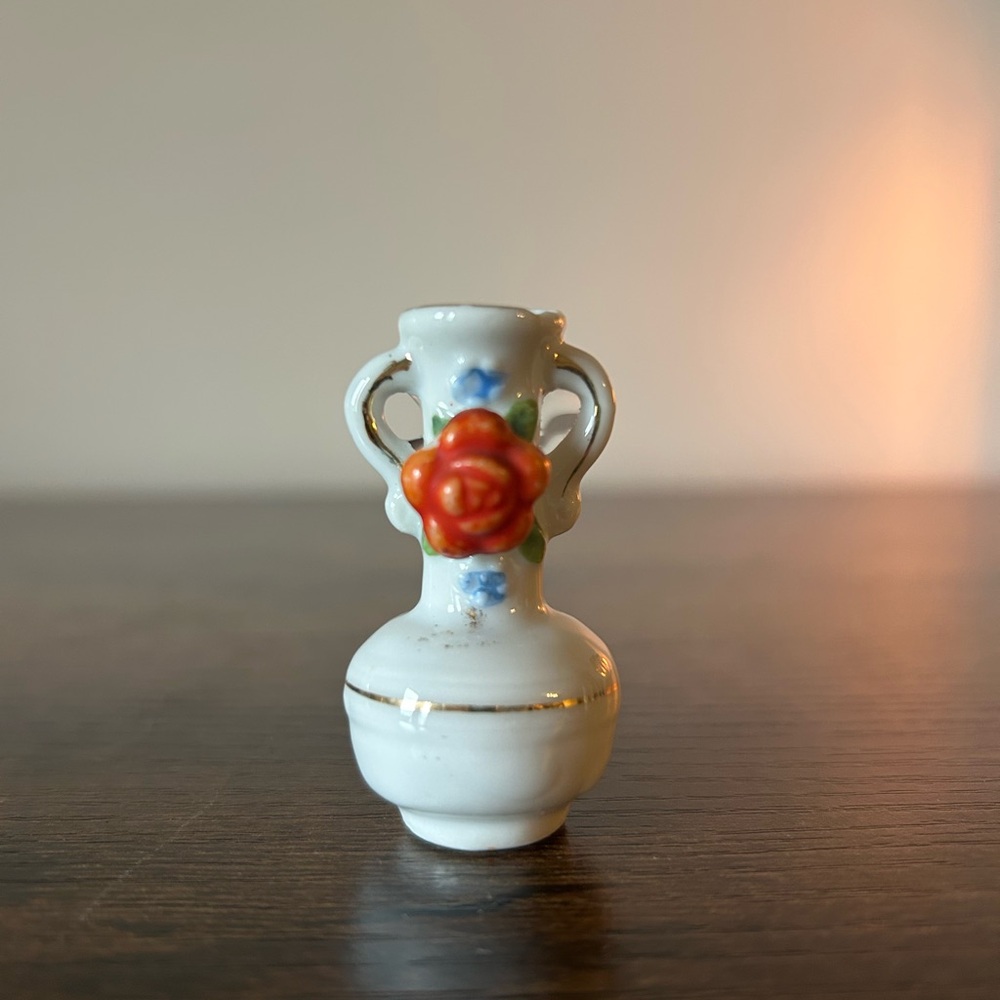 Vintage Miniature Elegant White Ceramic Vase with Orange Floral Accent